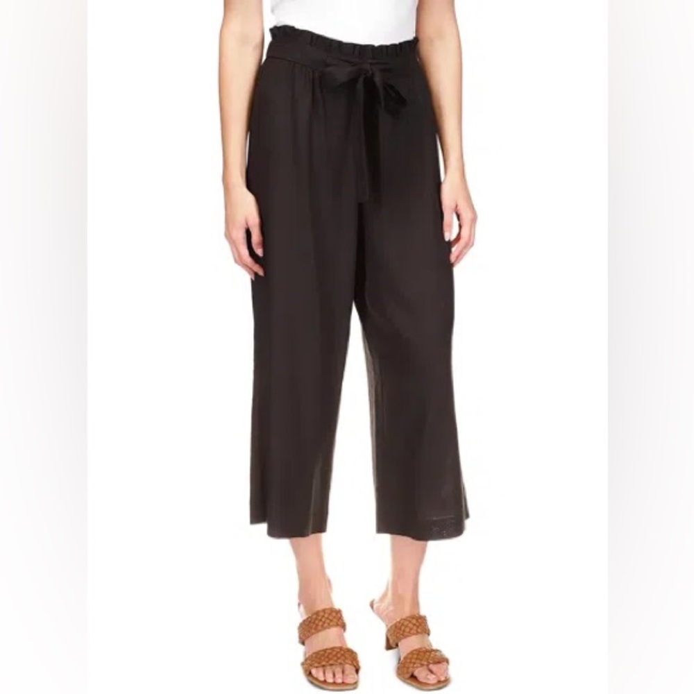 MICHAEL KORS Womens Medium Black Tie Paperbag Waist Cropped Wide Leg Linen Blend